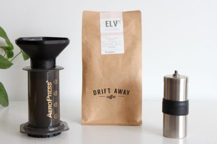 Aeropress, porlex mini hand grinder and bag of Driftaway Coffee